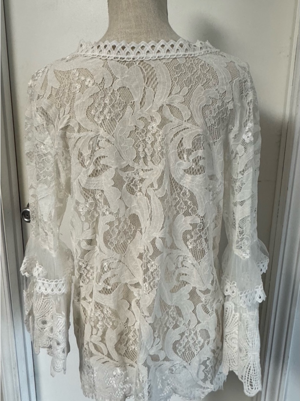 Women's White Lace Crochet Blouse with Tiered Bell Sleeves - Picture 2 of 11